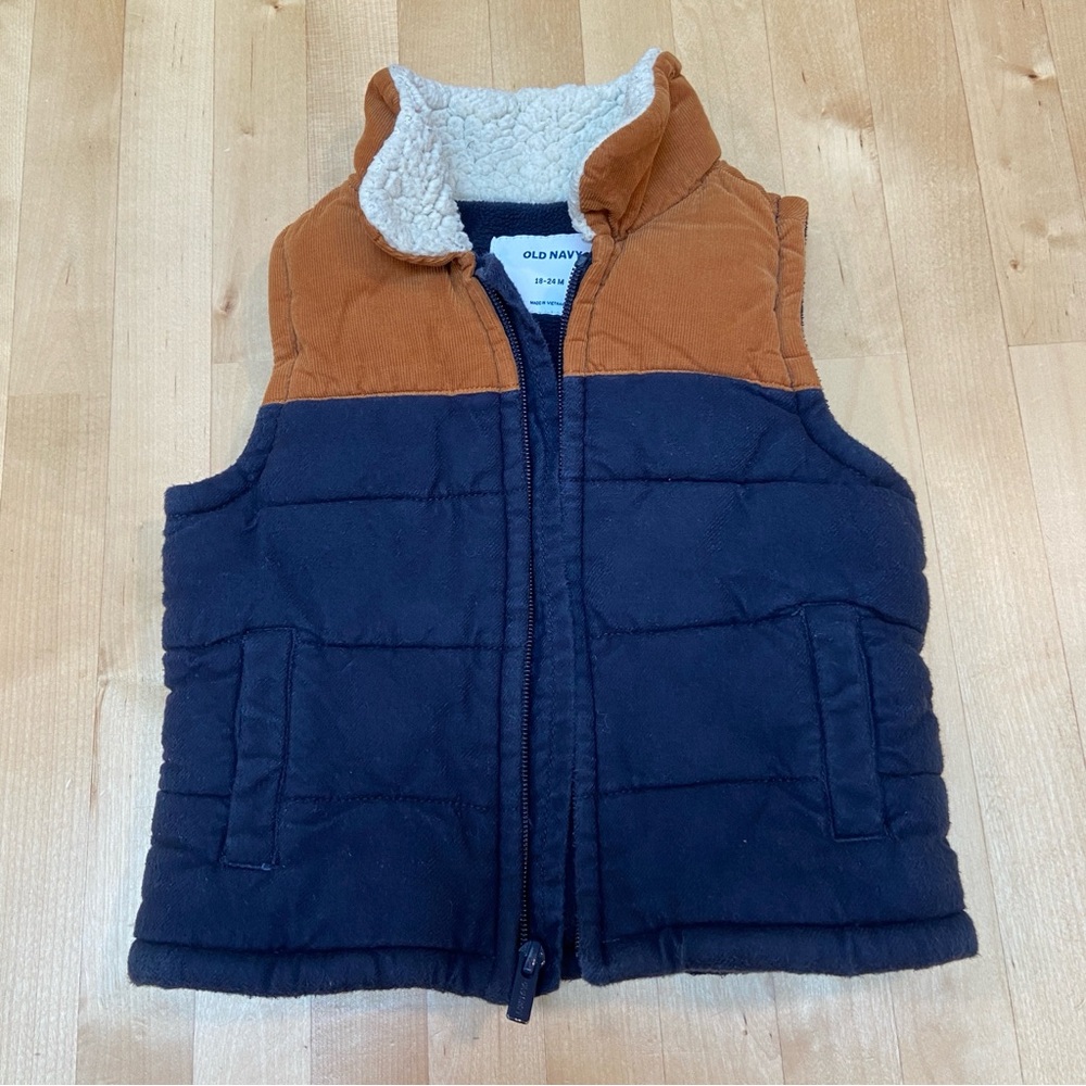 Old Navy Sherpa-Lined Puffer Vest, Navy & Brown 18-24M